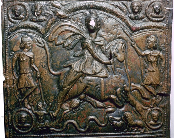 Bronze Roman relief of Mithras killing a bull. Artist: Unknown