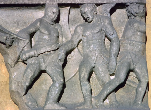 Roman relief of gladiators, 3rd century. Artist: Unknown