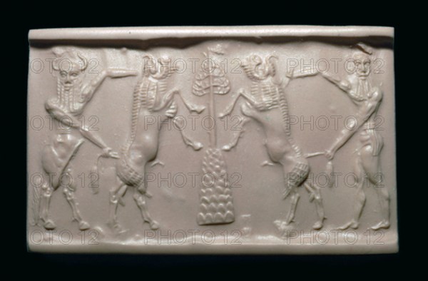 Akkadian cylinder-seal impression of a bull-man and hero. Artist: Unknown