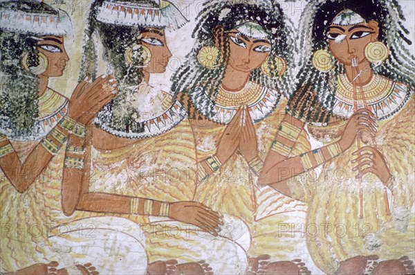 Egyptian wall-painting of musicians at a banquet. Artist: Unknown