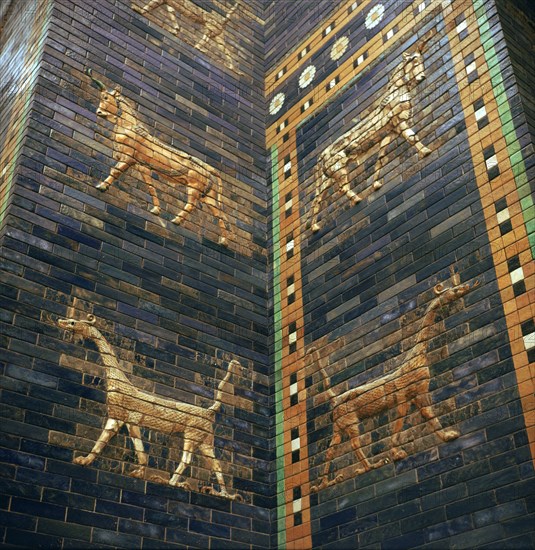 Moulded bricks from the Ishtar Gate showing lions and mushrushu, 7th century BC Artist: Unknown