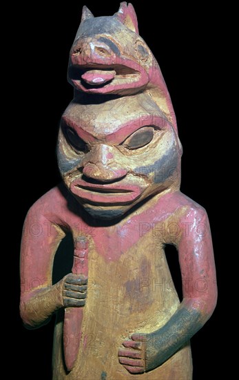 Nootka Sound Native American figure of a man wearing a bear's skin. Artist: Unknown