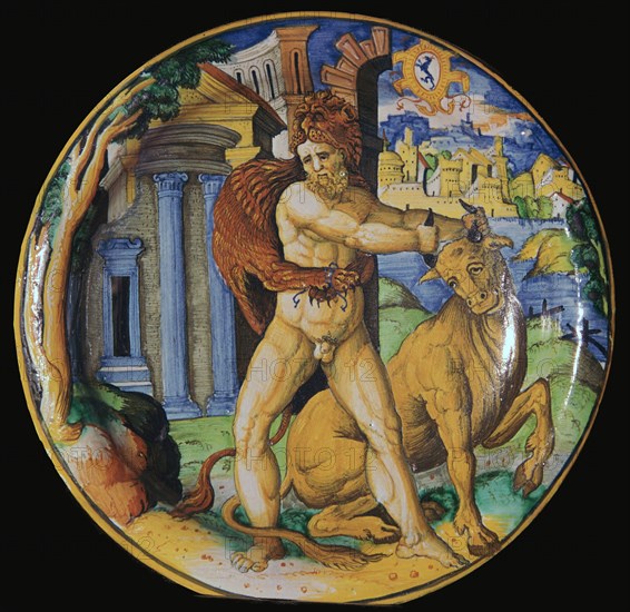Italian earthenware plate with an image of Hercules and the Cretan bull, 16th century Artist: Unknown
