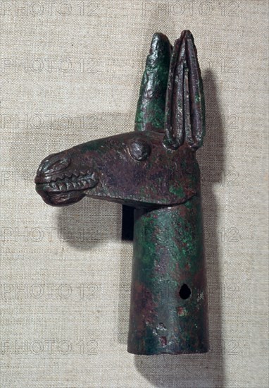 Bronze pole-top in the shape of a mule's head, 6th century BC Artist: Unknown