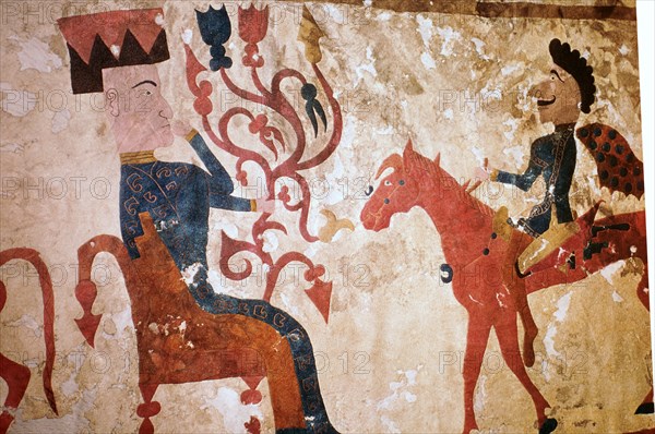 Detail of a horseman and seated man from felt Scythian wall-hanging. Artist: Unknown