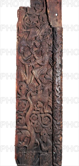 Wooden portal of Hylestad church, showing Sigurd roasting the dragon's heart. Artist: Unknown