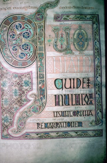 First page of St Lukes Gospel from the Lindisfarne Gospels, produced in Northumbria in the 7th centu Artist: Unknown