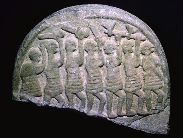 The Lindisfarne Stone showing warriors who may be vikings, Holy Island, Northumbria. Artist: Unknown
