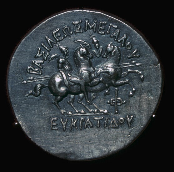 Silver coin of Eucratides I, a King of Bactria. Artist: Unknown