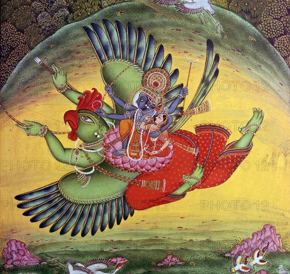 Painting of Vishnu and his consort Lakshmi riding on the bird-god Garuda. Artist: Unknown