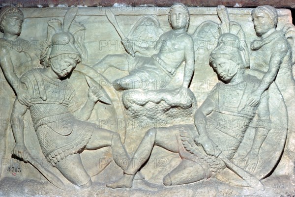 Detail of an Etruscan sarcophagus from Chiusi showing the death of Eteocles and Polynices. Artist: Unknown