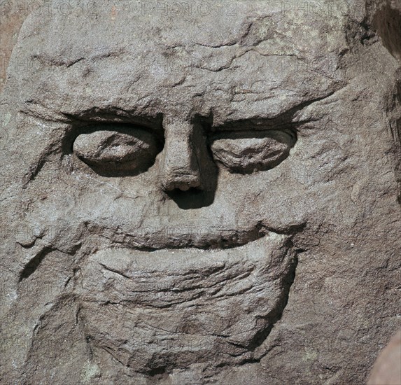 Stone head from a pagan Celtic shrine. Artist: Unknown