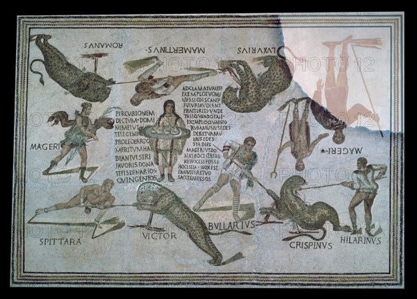 Roman mosaic of performers killing a leopard at a spectacle, 3rd century. Artist: Unknown