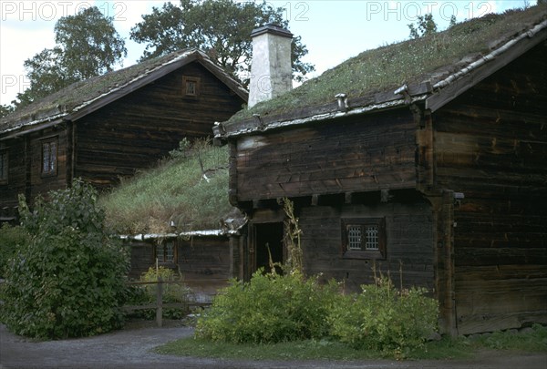 Traditional Swedish farm building with a turf roof. Artist: Unknown
