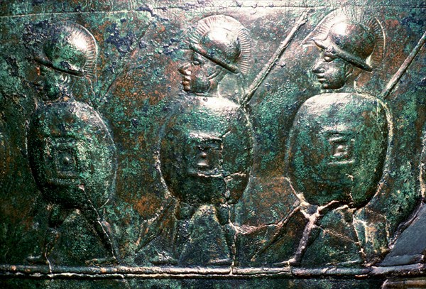 Detail of a bronze situala with Etruscan soldiers, 5th century BC. Artist: Unknown