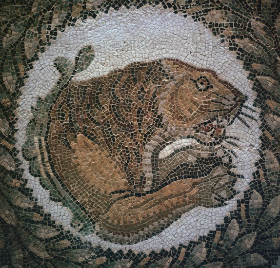 Detail of a Roman mosaic showing the head of a lion, 4th century. Artist: Unknown