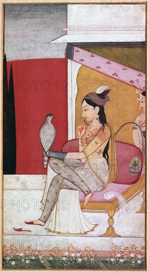 Punjabi illustration of a lady with a hawk. Artist: Unknown