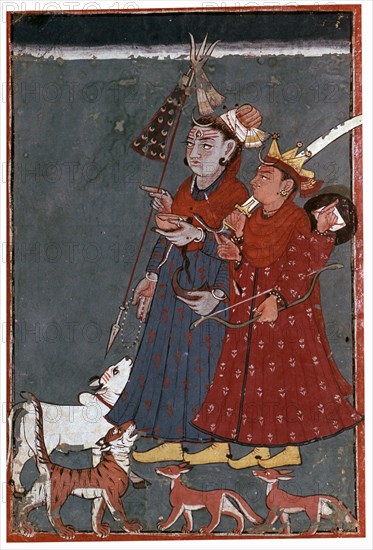 Painting of the gods Siva and Khrishna accompanied by a bull, tiger, and jackals. Artist: Unknown