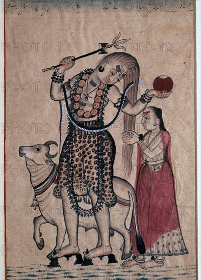 Siva with the bull, Nandi, followed by his consort Parvati, 18th century. Artist: Unknown