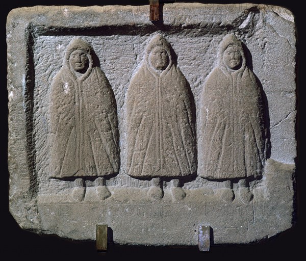 Stone relief of a trio of hooded Romano-British deities, 3rd century. Artist: Unknown