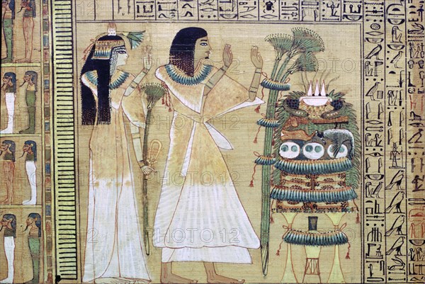 A man and his wife making offerings to Osiris, from the Egyptian Book of the Dead. Artist: Unknown