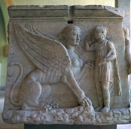 Oedipus and the Sphinx on a Greek sarcophagus. Artist: Unknown