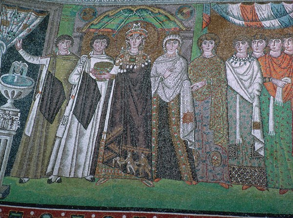 Mosaic of the Byzantine Empress Theodora and her court, 6th century. Artist: Unknown