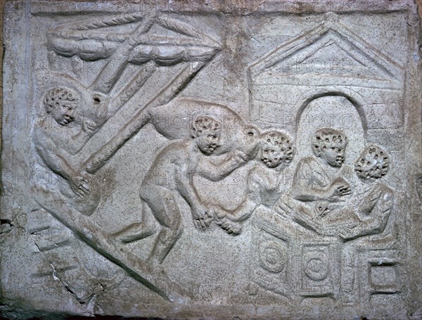 Roman relief of a ship unloading amphorae. Artist: Unknown