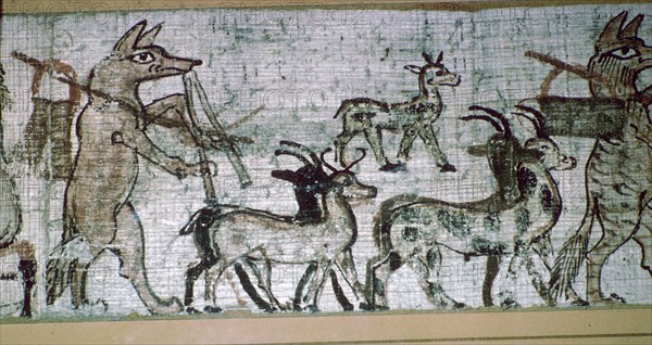 Detail from the Egyptian 'satirical papyrus' of a fox playing the pipes and leading goats. Artist: Unknown