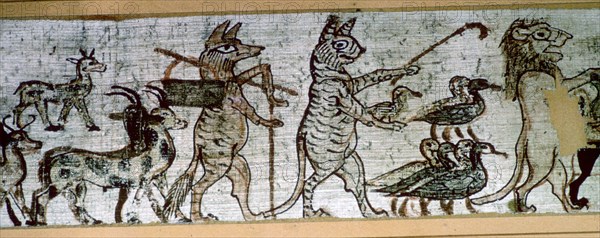 Detail from the Egyptian 'satirical papyrus' of a fox playing the pipes and leading goats, and a cat Artist: Unknown