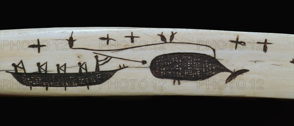 Carving of an Inuit whale-hunt on an ivory snow-knife, 19th century. Artist: Unknown