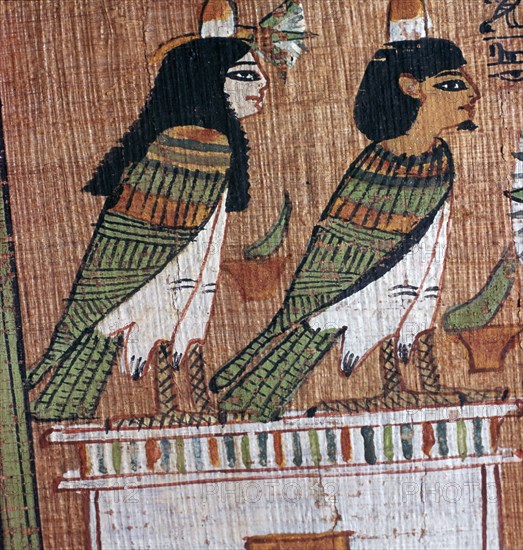 Egyptian papyrus depicting two 'soul-birds' (Bas), 13th century BC. Artist: Unknown