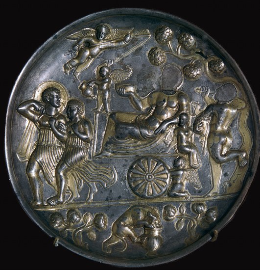 Parthian silver dish showing Dionysus with Ariadne. Artist: Unknown