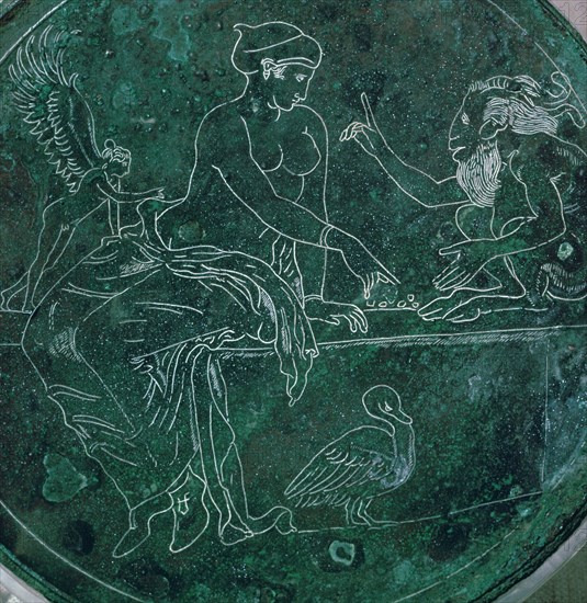 Close-up of a Greek bronze mirror-back. Artist: Unknown
