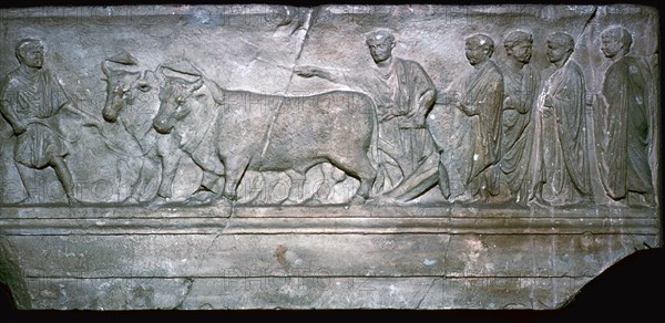 Roman relief showing the ritual plowing of the boundaries of a new city. Artist: Unknown