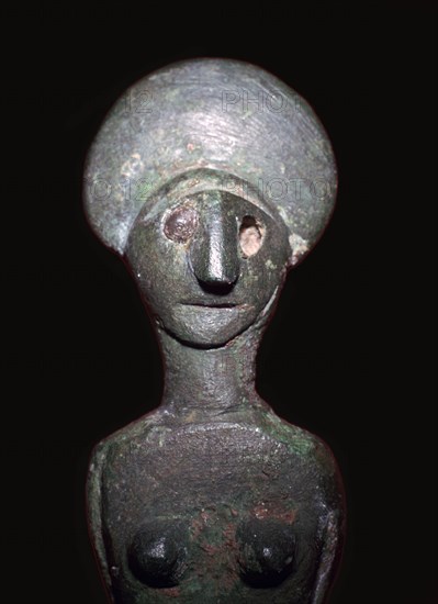 Detail of a Celtic-Iberian style bronze female figurine. Artist: Unknown