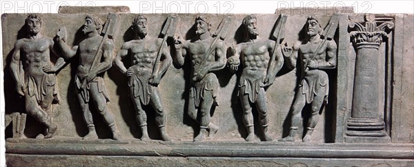 An indian sculpture of a group of marine deities, 1st century. Artist: Unknown