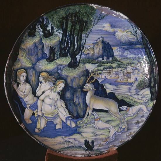 Italian earthenware plate showing Artemis turning Actaeon into a stag. Artist: Unknown