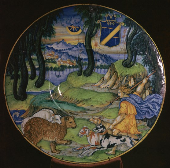 Italian earthenware dish, possibly showing the nymph Callisto, 16th century. Artist: Nicola da Urbino