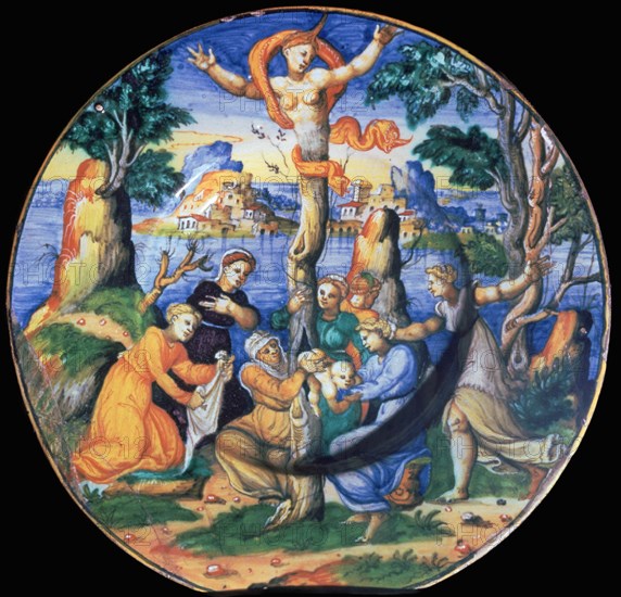 Italian earthenware plate showing the birth of Adonis, c.16th century. Artist: Unknown