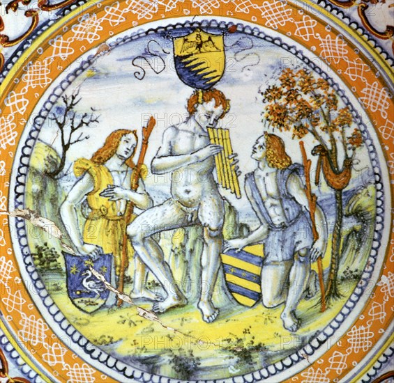 Italian earthenware plate showing Pan piping to two shepherds. Artist: Maestro Benedetto