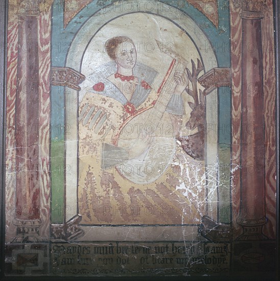 English wall painting of a lady with a lute, 17th century. Artist: Unknown