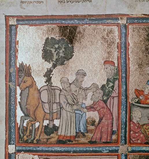 Illustration of Joseph being sold by his brothers, 14th century. Artist: Unknown