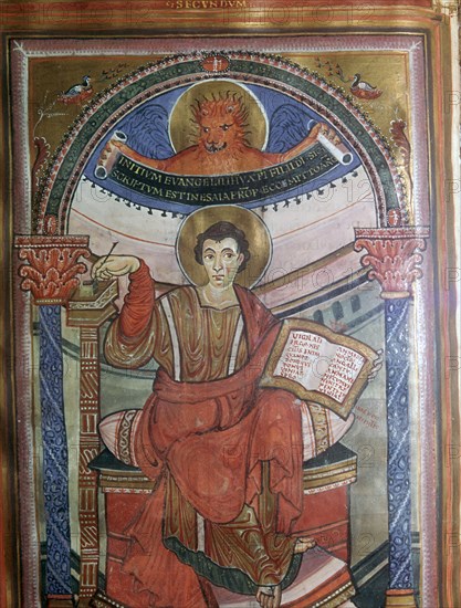 Illustration of St Mark holding his gospel, 8th century. Artist: Unknown