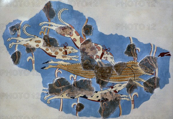 Detail of a Mycenaean fresco showing a wild boar hunt. Artist: Unknown