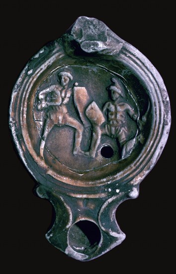 Roman clay lamp with design of gladiators, 3rd century. Artist: Unknown