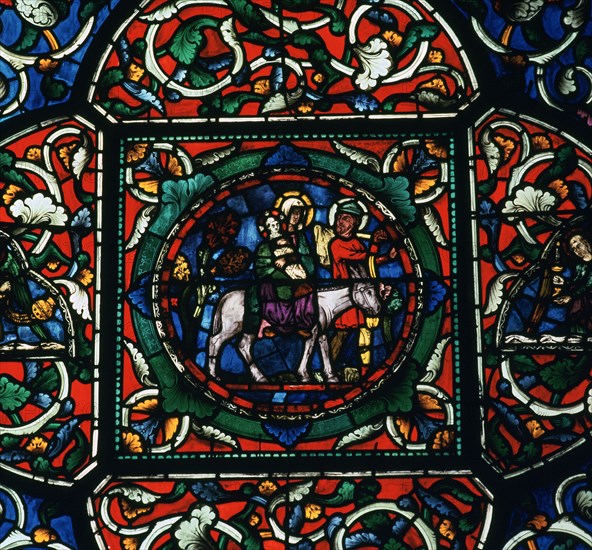Stained glass depiction of the holy family fleeing to Egypt, 12th century. Artist: Unknown