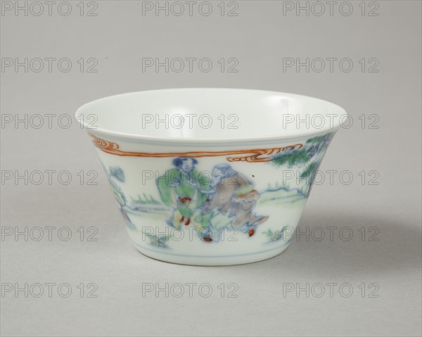 Doucai flared cup with two figures in a landscape, late Kangxi period (1700-1722). Artist: Unknown.