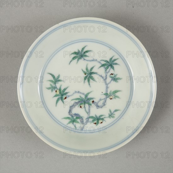 Doucai saucer with fruiting peach, late Kangxi period (1700-1722). Artist: Unknown.