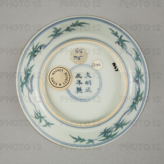 Doucai saucer with fruiting peach, late Kangxi period (1700-1722). Artist: Unknown.